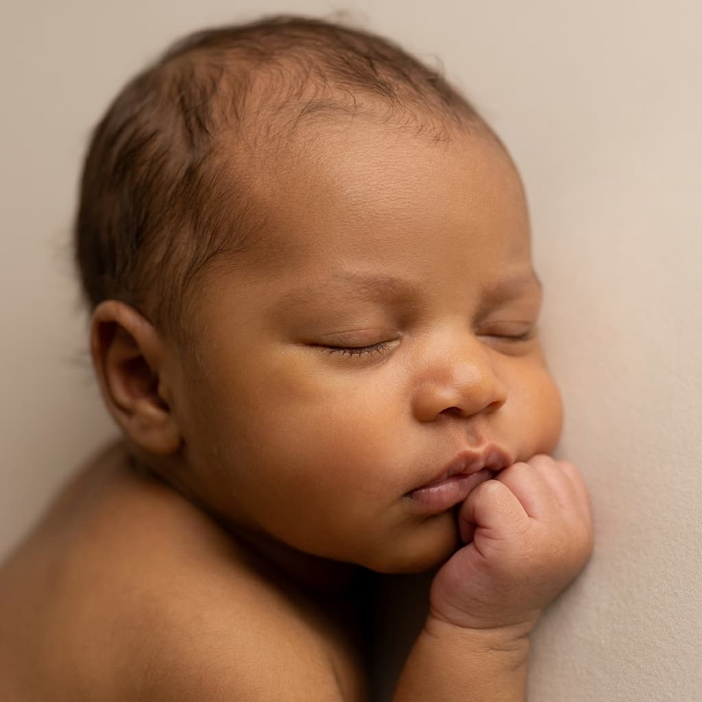 3D ultrasound scan transformed into a photorealistic newborn portrait, sample 1 — sleeping baby with hand at chin (after)
