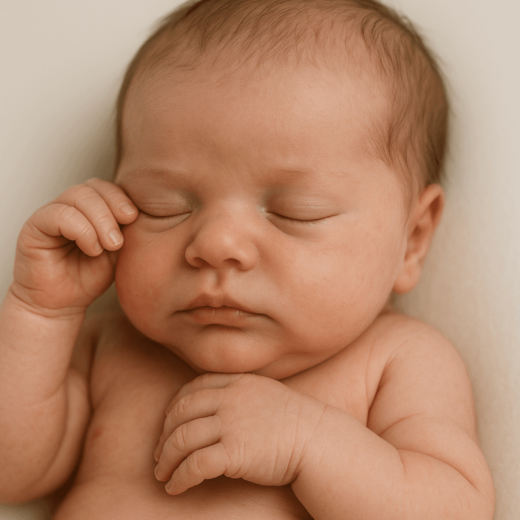3D ultrasound scan transformed into a photorealistic newborn portrait, sample 2 — newborn with both hands near face (after)