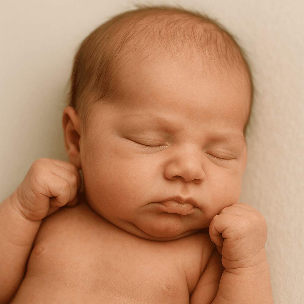3D ultrasound scan transformed into a photorealistic newborn portrait, sample 3 — newborn with hands raised (after)