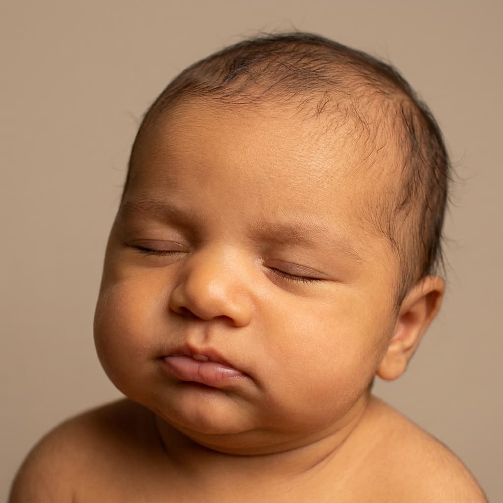 3D ultrasound scan transformed into a photorealistic newborn portrait, sample 4 — close-up of full face (after)