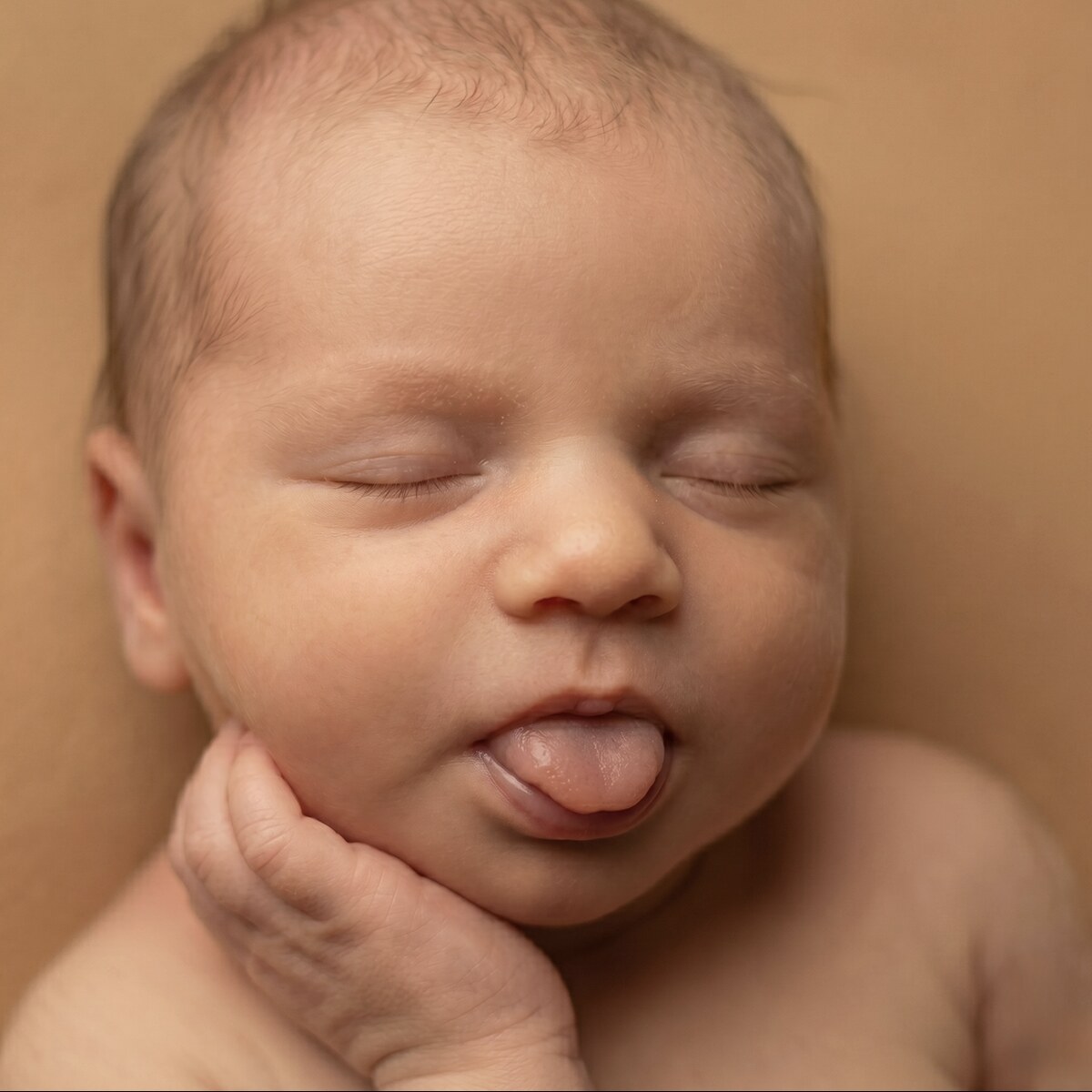 AI-painted realistic newborn portrait from a Tongue-out · 3D scan