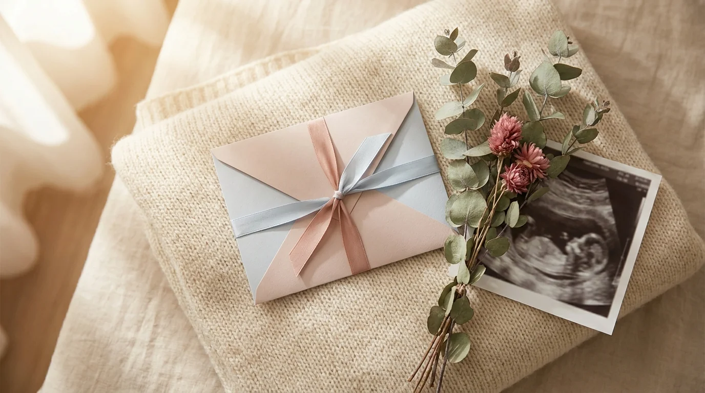 Pastel pink and blue envelope flat-lay with dried botanicals and a printed ultrasound photo — gender reveal mood