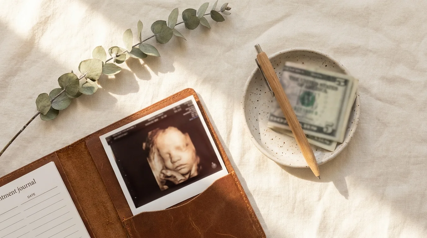 Editorial flat-lay of US dollar bills, an appointment notebook, and a printed 3D ultrasound photo on a cream linen surface — pricing context